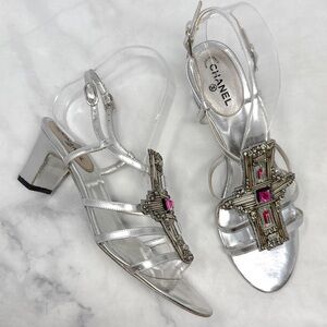 CHANEL Vintage CC Coco Mark Rhinestone Low Mid Leather Sandal Heels Silver 37.5